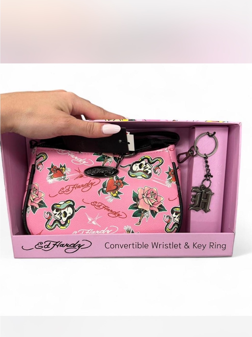 Ed Hardy Pink Floral & Skull Convertible Wristlet with Key Ring